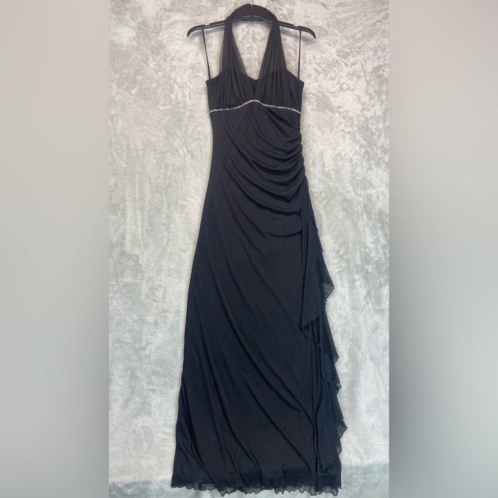 Vintage Black Halter Maxi Dress with Beaded Waist